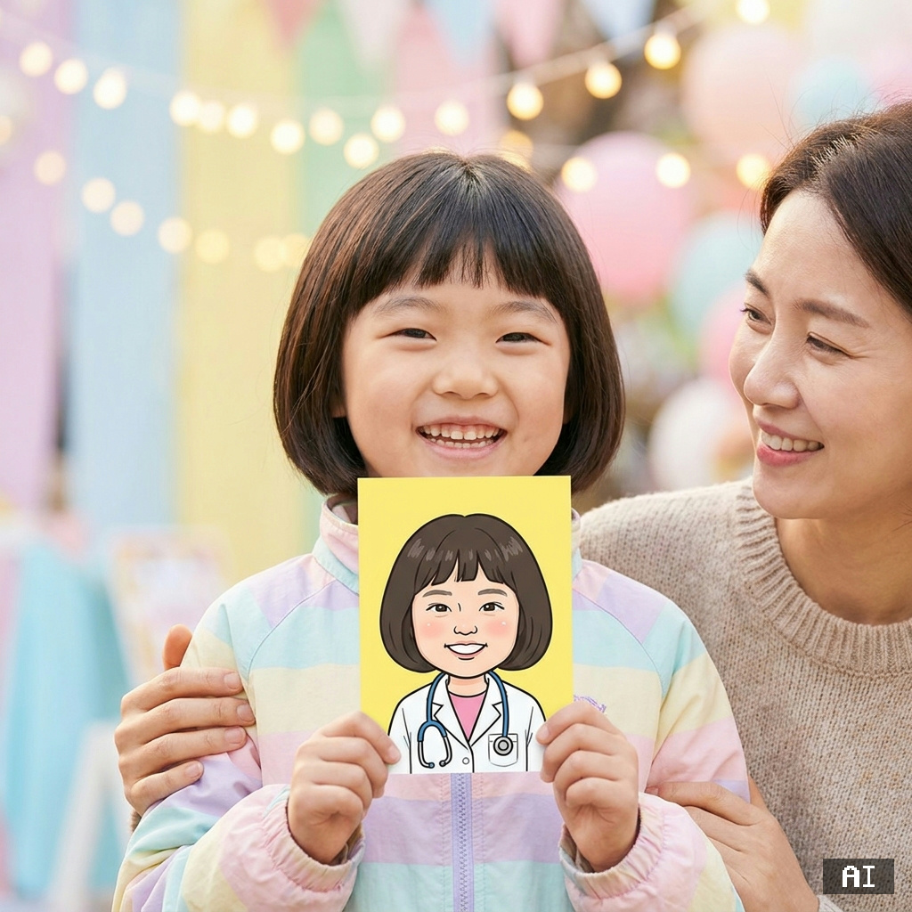 AI가 그려준 의사 꿈 캐리커처를 들고 환하게 웃는 아이와 보호자
