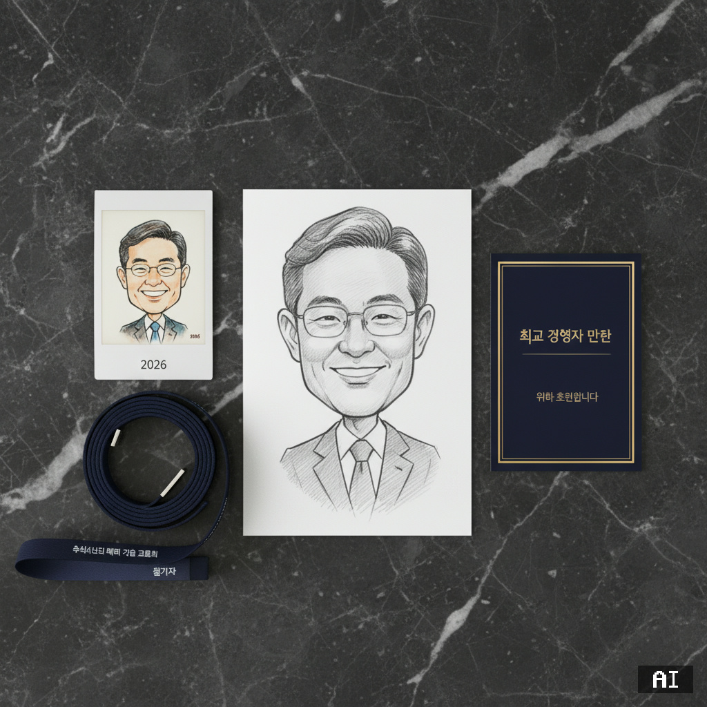 기업 행사 기념품 — 흑백 캐리커처와 컬러 인스탁스, 초대장, 명찰이 함께 놓인 모습