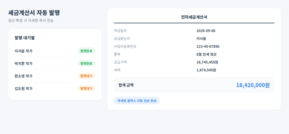 세금계산서 자동 발행 화면 - 국세청 홈택스 자동 전송