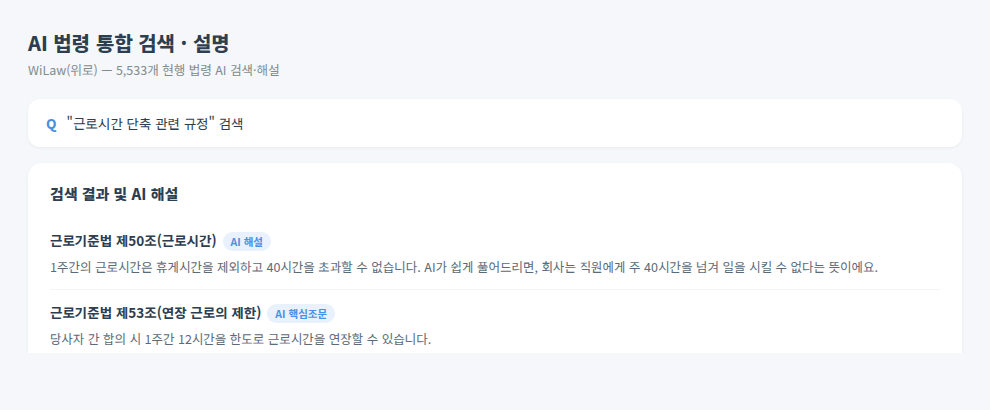 WiLaw AI 법령 통합 검색 및 설명 화면